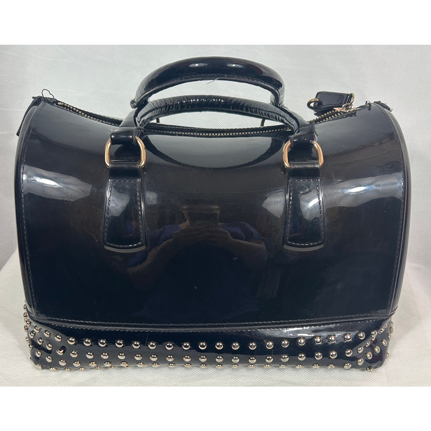 Black Patent Studded Barrel Satchel Bag with Top Handles 12″ x 9″