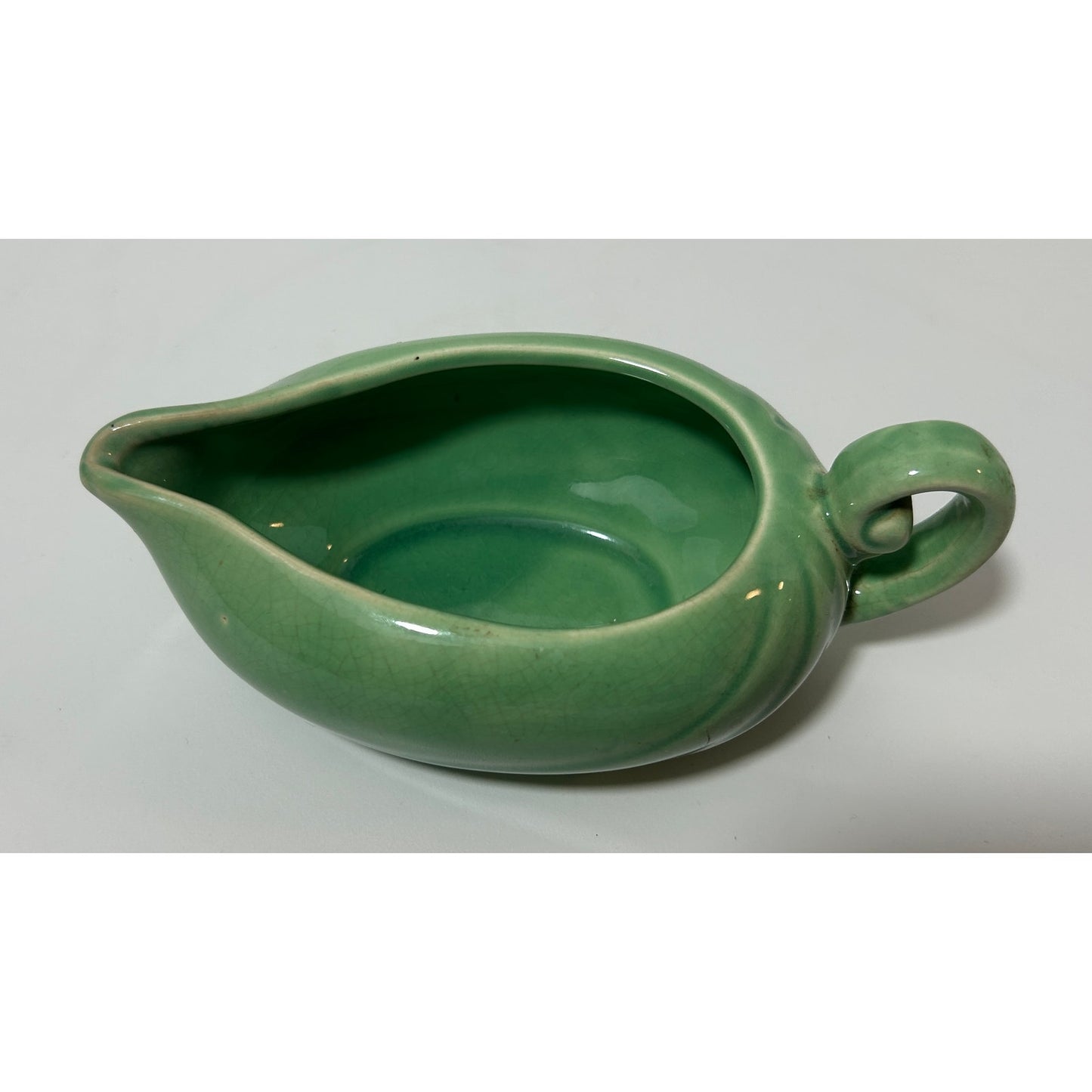 Vintage Green Crackle Glaze Pottery Gravy Boat with Swirl Handle