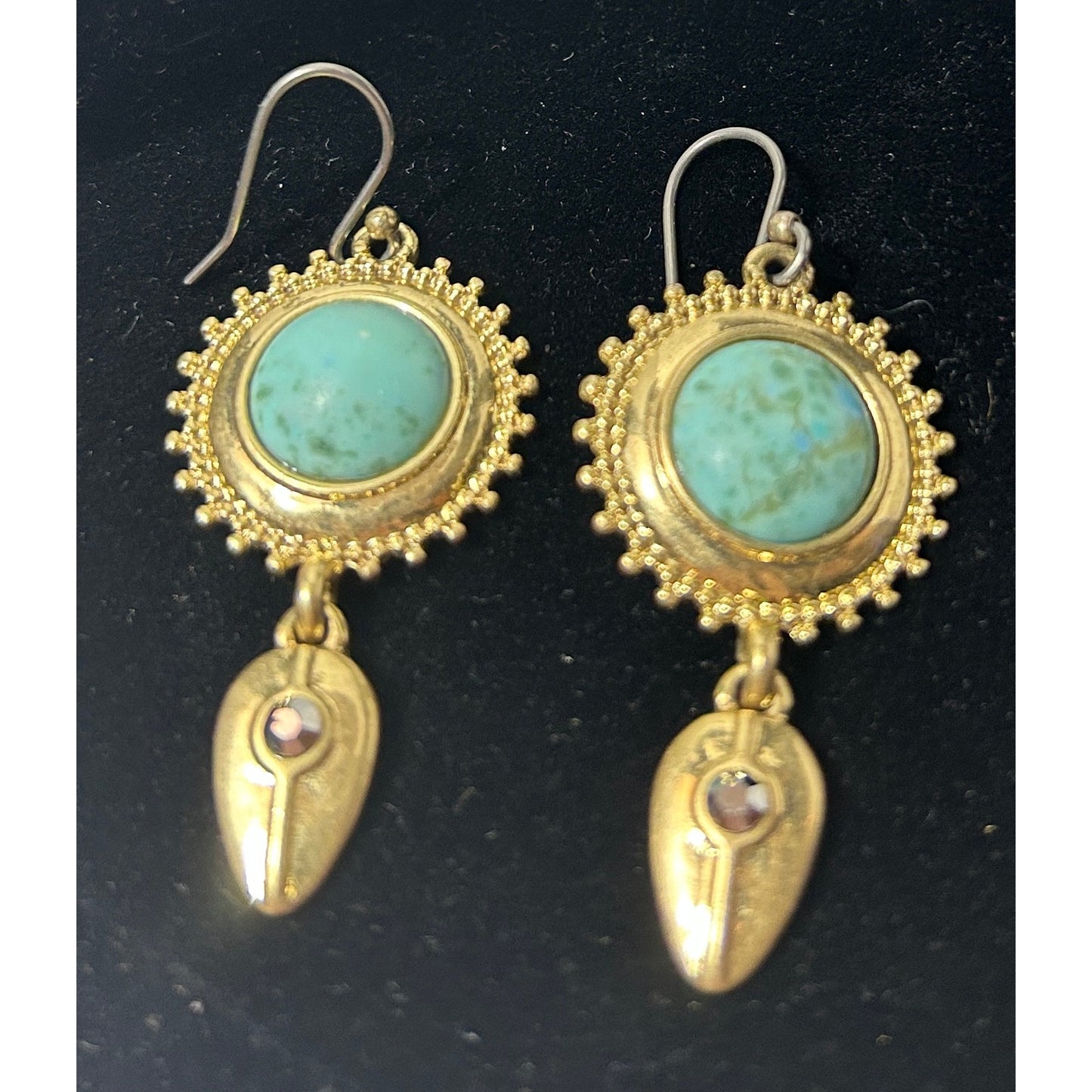 Boho Gold Tone Dangle Earrings with Faux Turquoise and Rhinestone Accent 1.5"