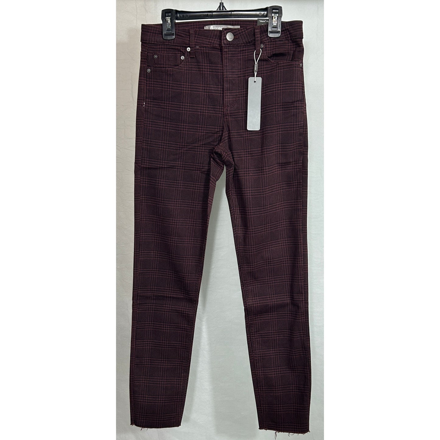 Tractr Mona High Rise Crop Skinny Jeans Houndstooth 4/27 Burgundy Black NWT