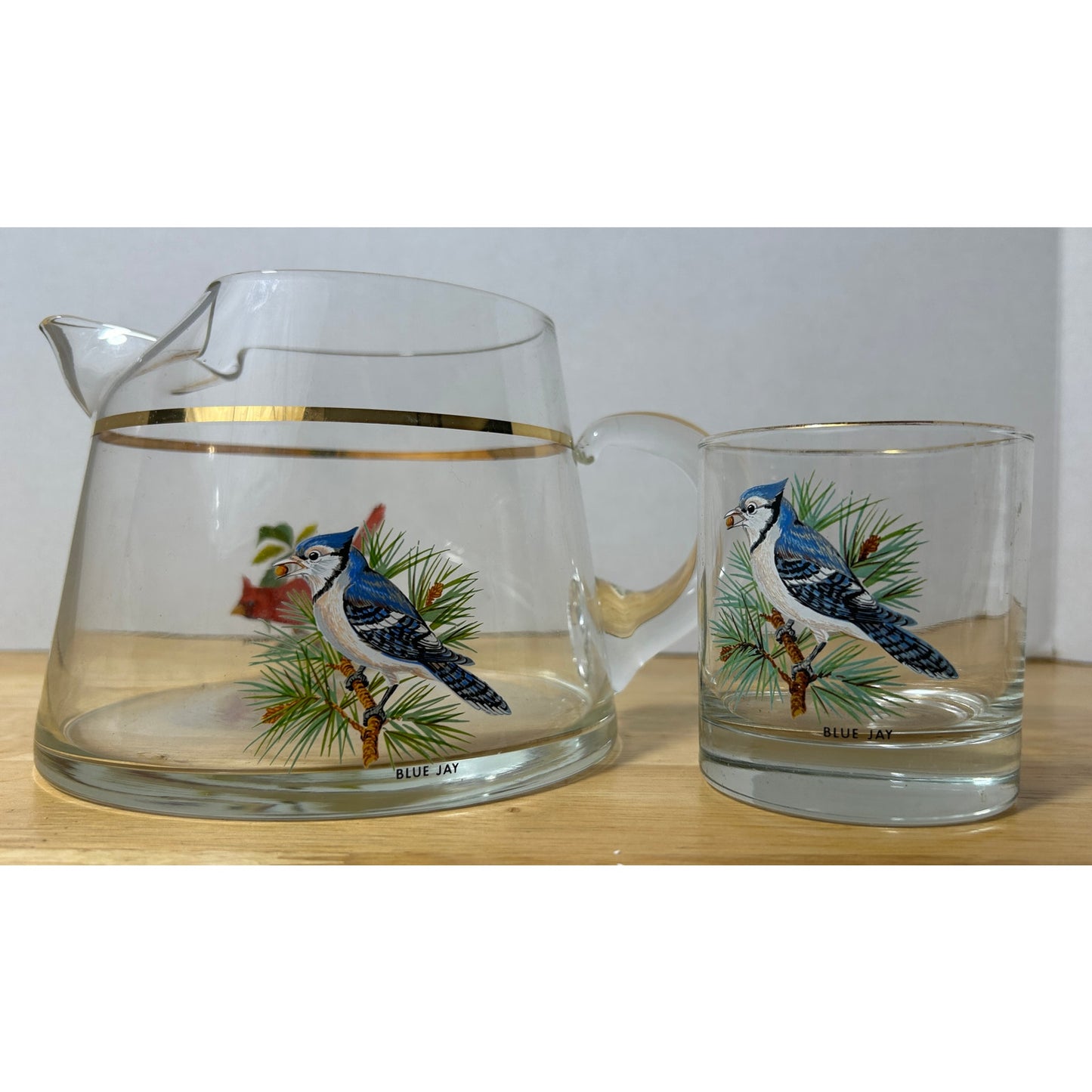 West Virginia Glass Co Songbird Pitcher & Glass – Cardinal & Blue Jay