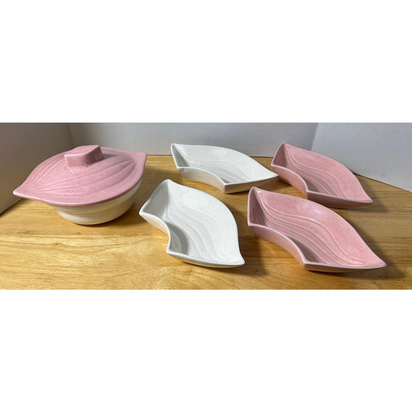 Vintage California Pottery Lazy Susan Set Pink & Cream Ceramic USA Made