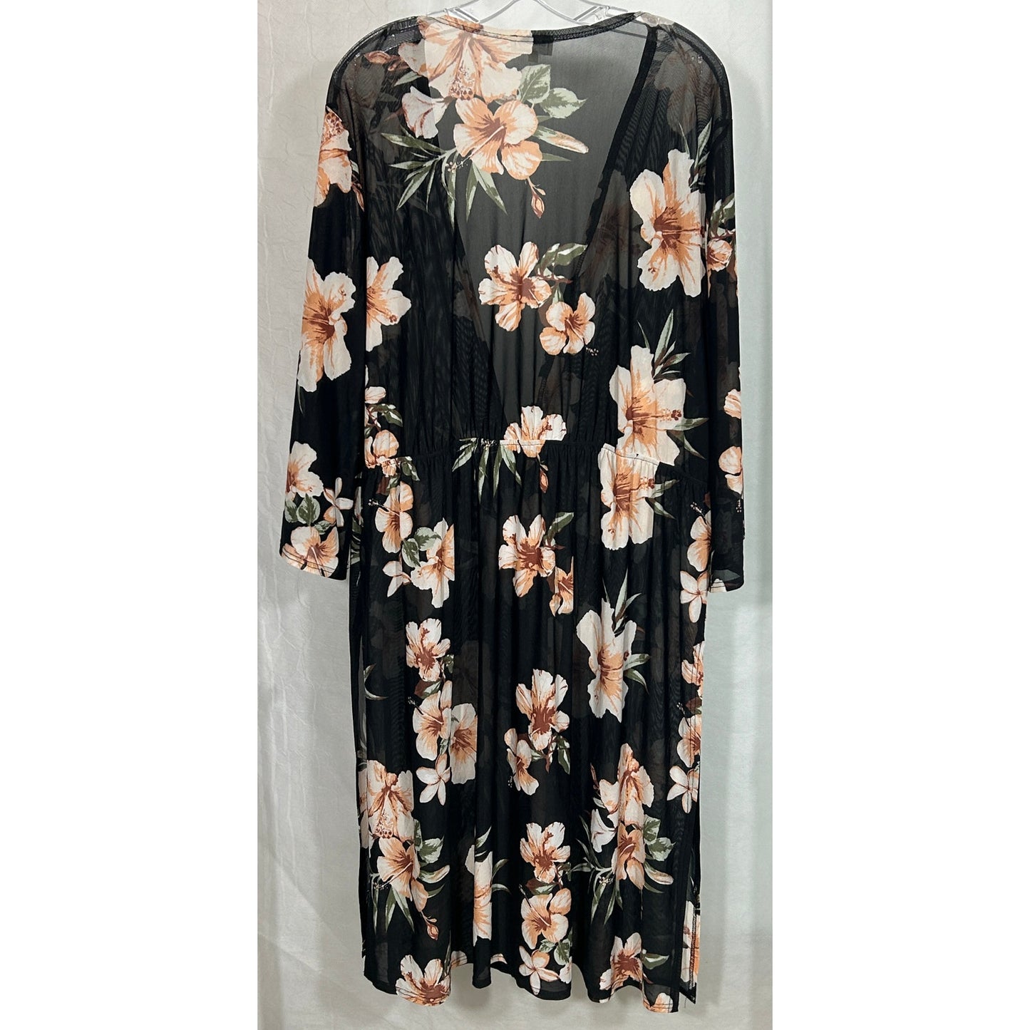 Siren Lily Sheer Floral Kimono Dress Cover-Up Black Pink Hibiscus 3X