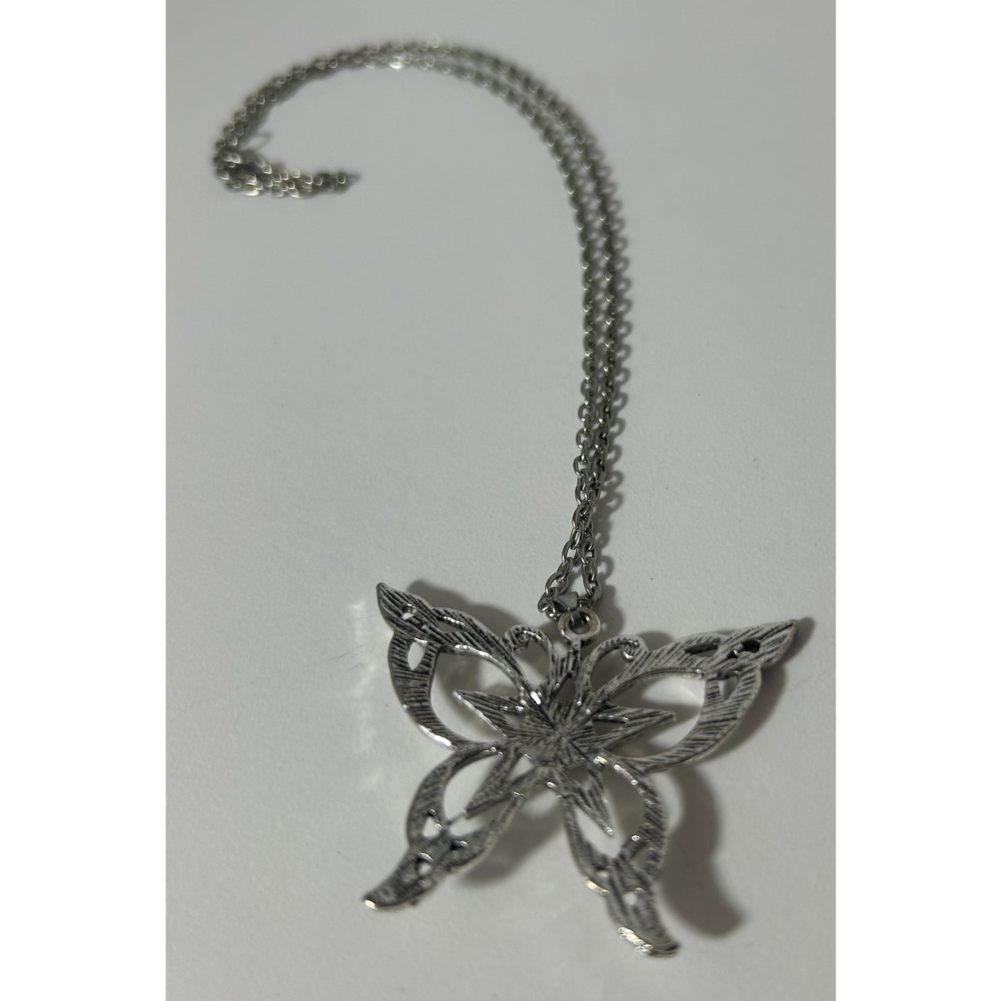 Silver Butterfly Pentacle Necklace with Purple Cabochon, 18"
