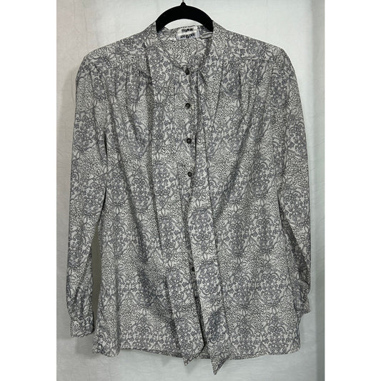 Vintage Evan-Picone Gray Damask Print Pussy Bow Blouse Size 12