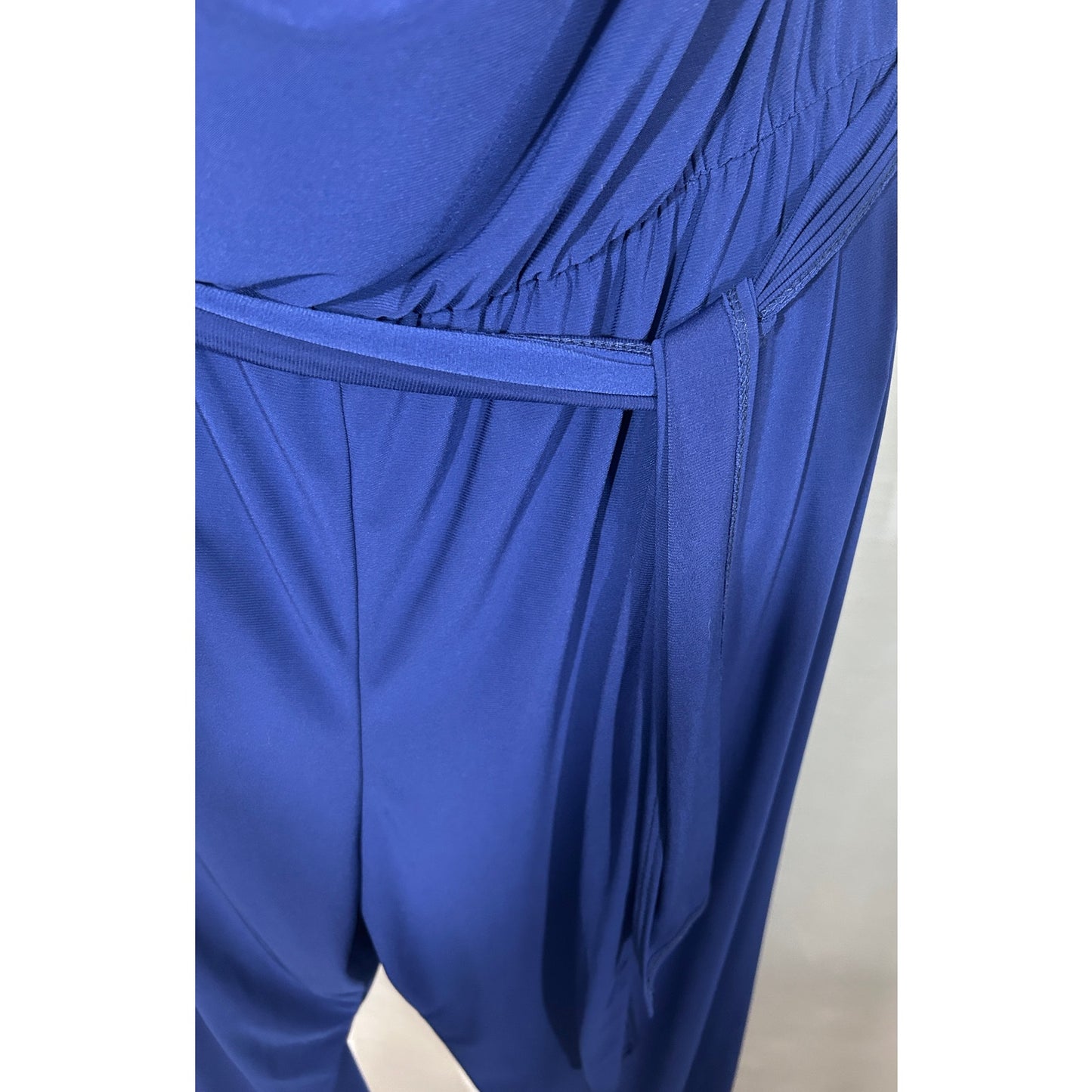 ESY Studio Blue Drape Jumpsuit XL Cowl Neck Belted Colorblock Legs USA