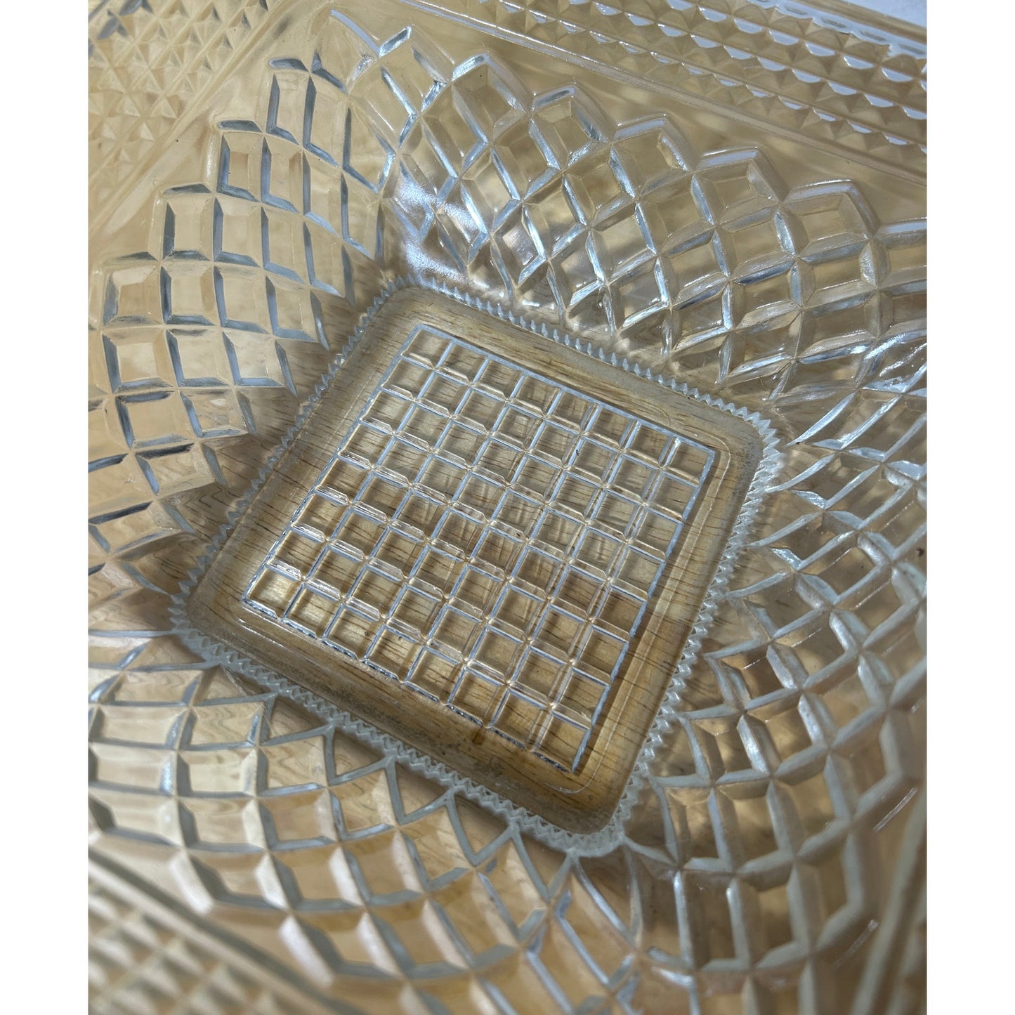 Vintage Square Pressed Glass Bowl 7¾″ Diamond Grid Pattern – Clear Trinket Dish