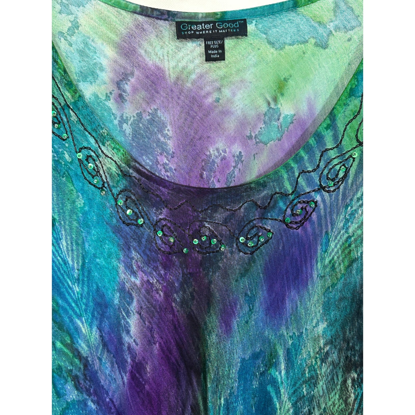 Greater Good Tie-Dye Asymmetrical Hem Top Free Size Plus Rayon Beaded Neck