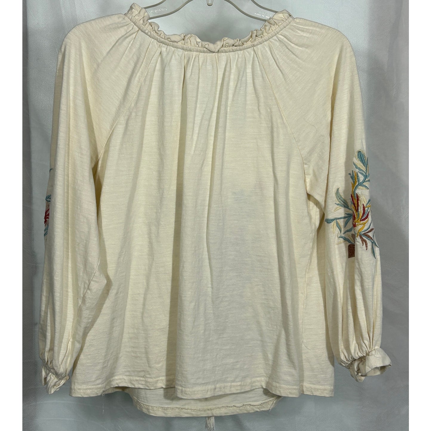 Solitaire Boho Embroidered Floral Blouse Cream Top Size S Peasant Style