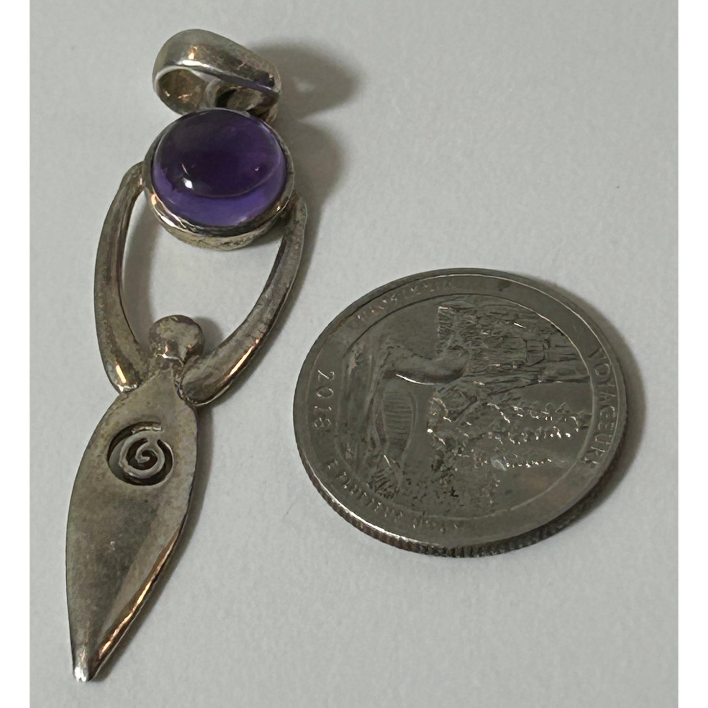 Vintage Sterling Silver Goddess Pendant with Amethyst Cabochon 2.5"