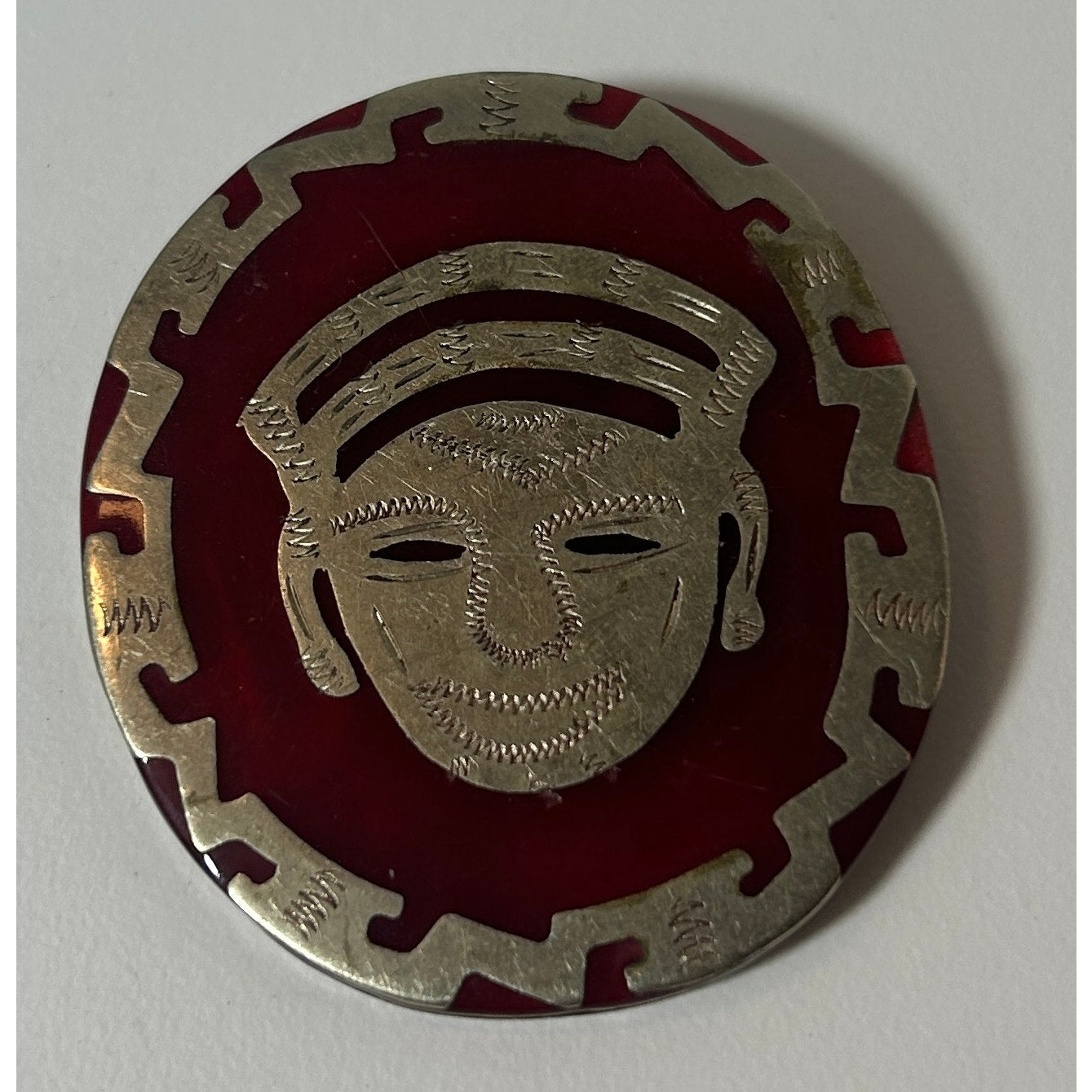 Vintage Mexican Sterling Silver & Red Enamel Face Mask Brooch Pin 2.25"