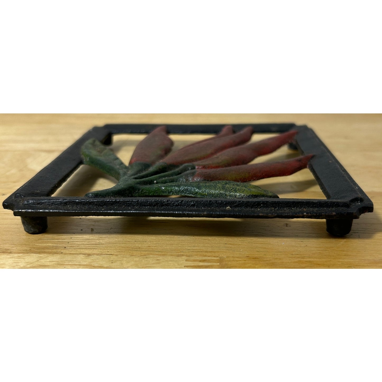 Vintage Cast Iron Chili Pepper Trivet – Red & Green Hand-Painted 5.75” Square