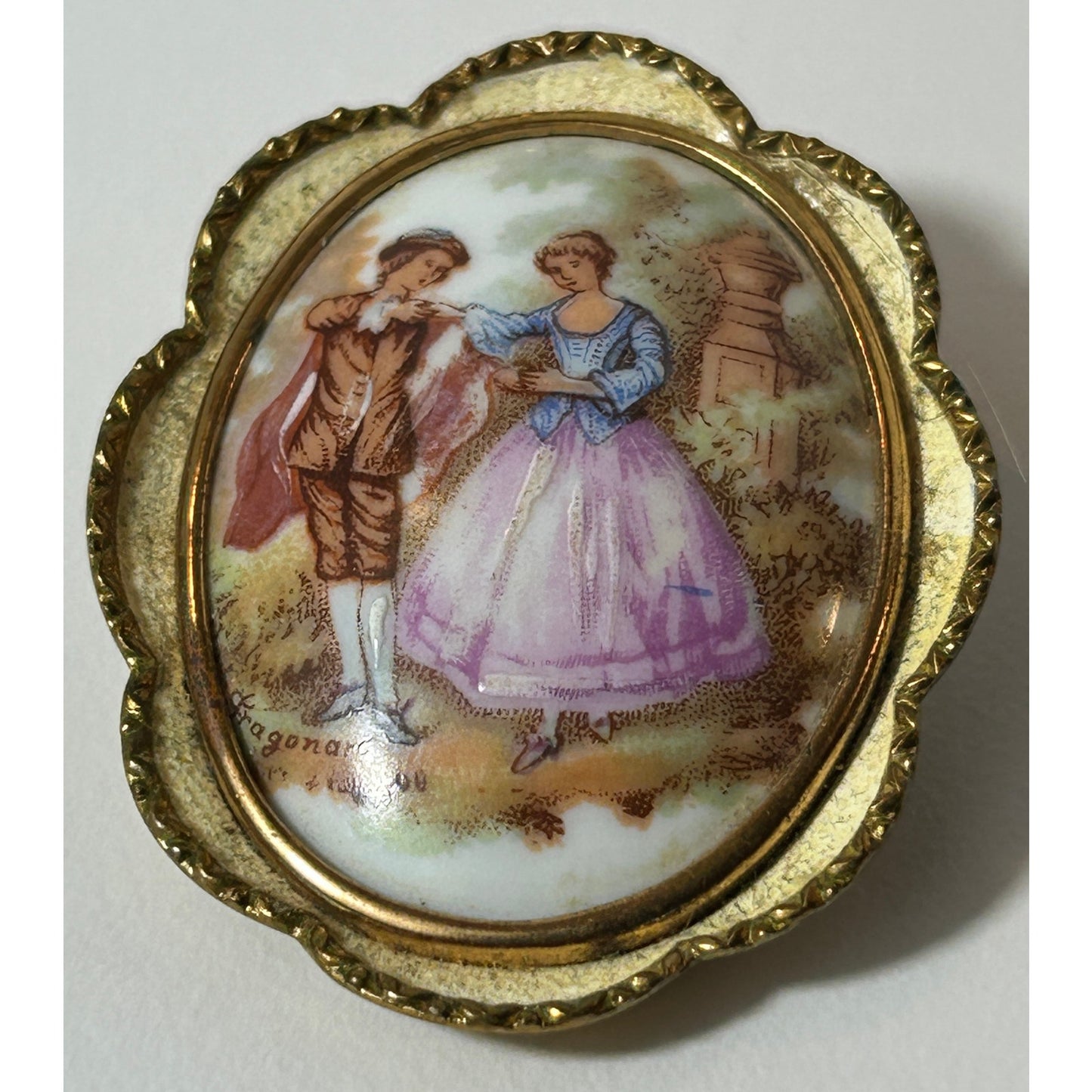 Vintage Limoges Porcelain Brooch Pendant Signed Fragonard Gold Tone