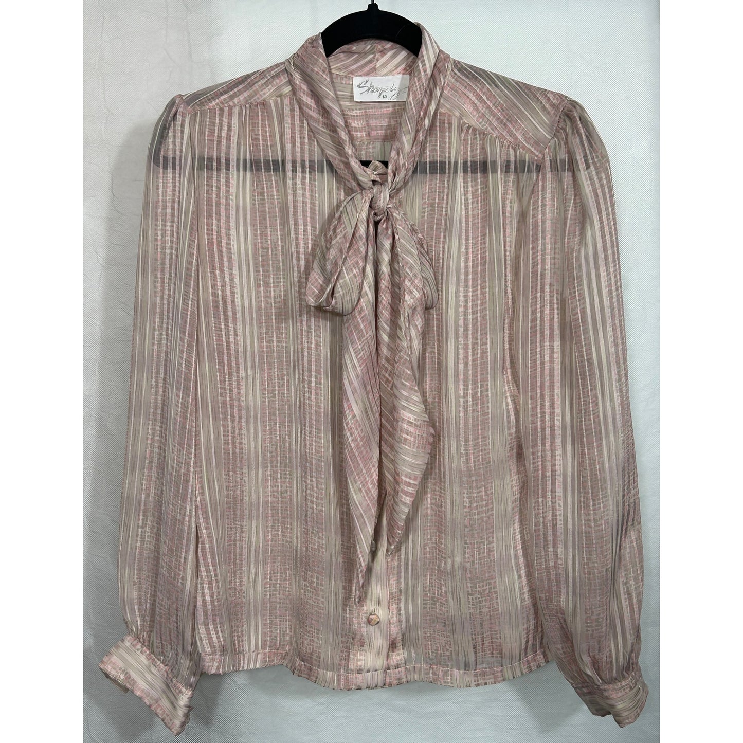 Vintage Shapely Sheer Pink Stripe Pussy Bow Blouse Size 12