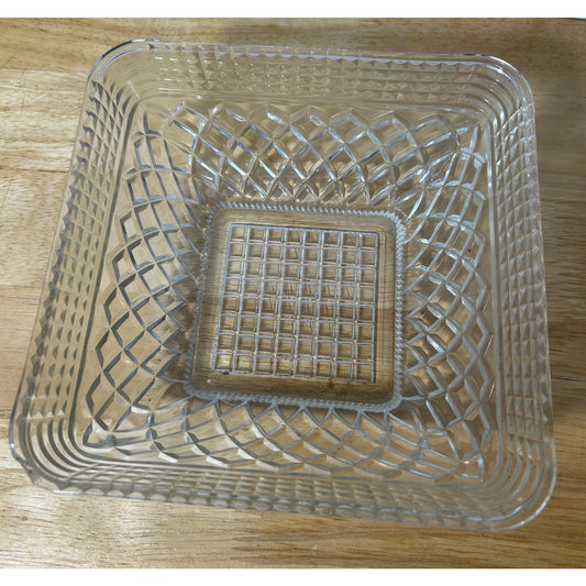 Vintage Square Pressed Glass Bowl 7¾″ Diamond Grid Pattern – Clear Trinket Dish