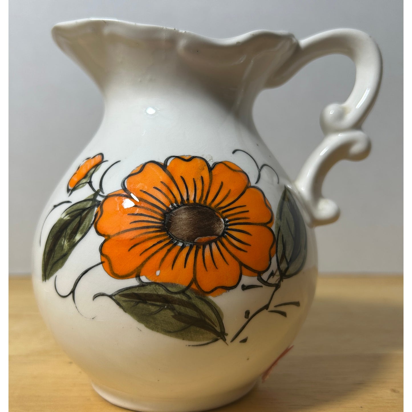 Hand Painted Japan Floral Pitcher with Orange Flower, 6” Tall 6” Wide