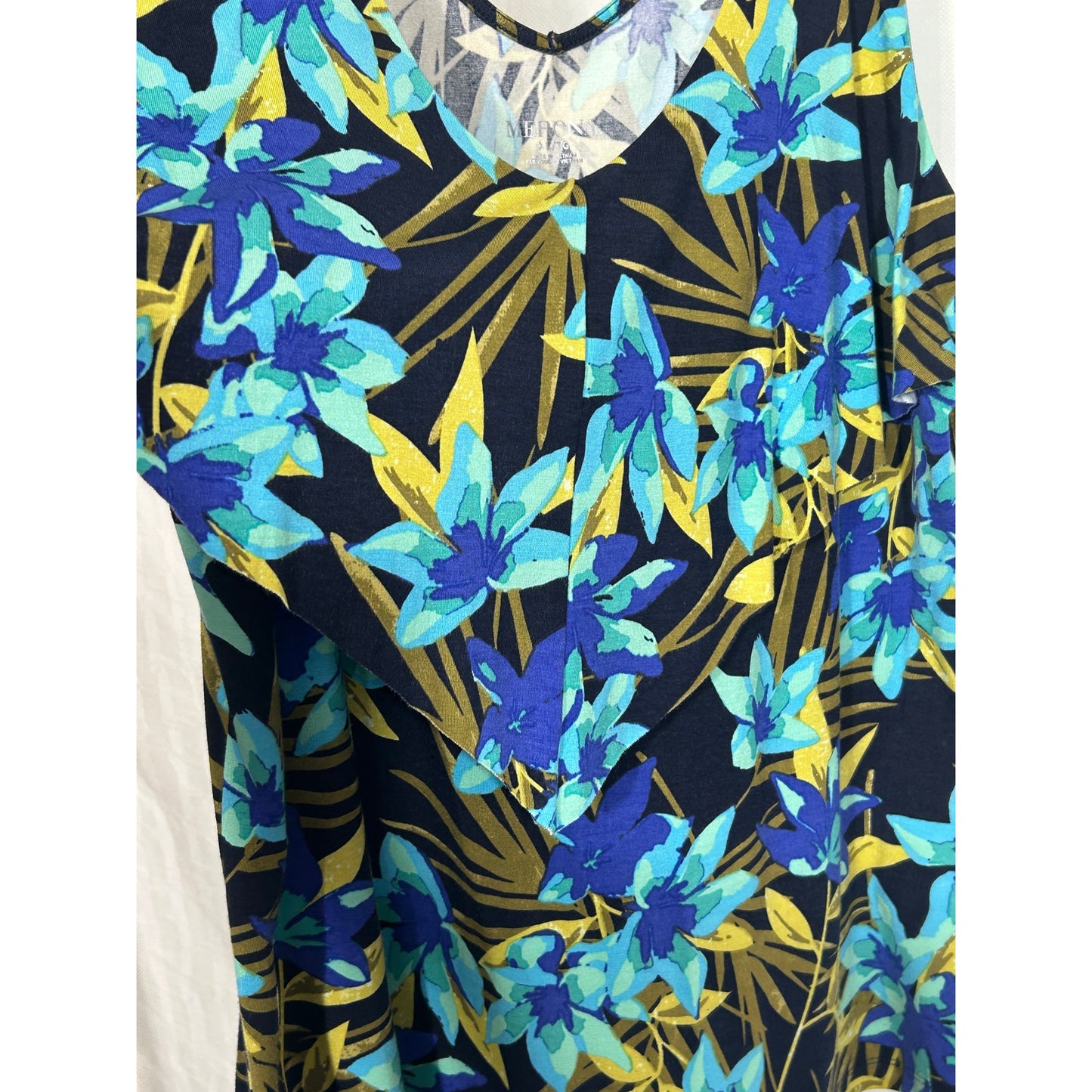 Merona XL Tropical Floral Tank Top Rayon Spandex Navy Blue Green Yellow