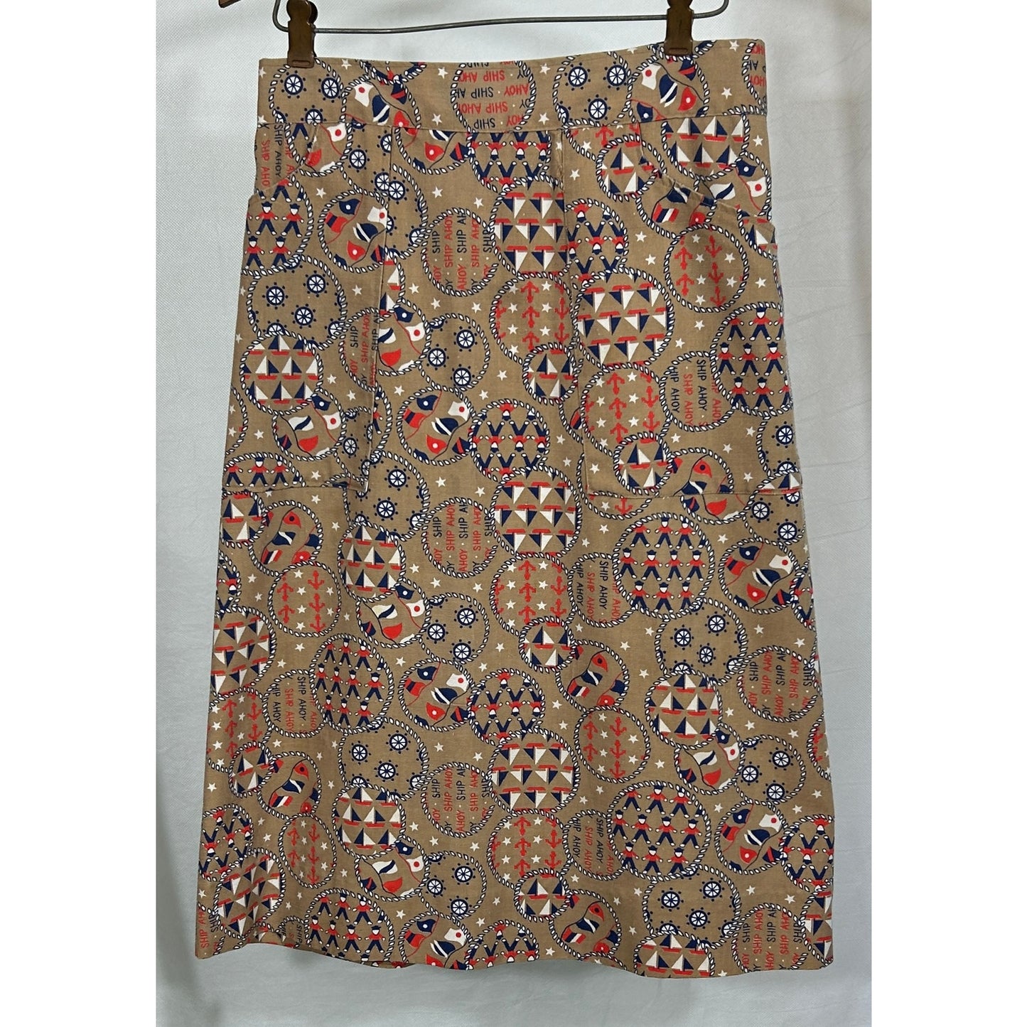 Vintage Nautical Print Wrap Skirt Tan Red White Blue | Size S | 27" Length