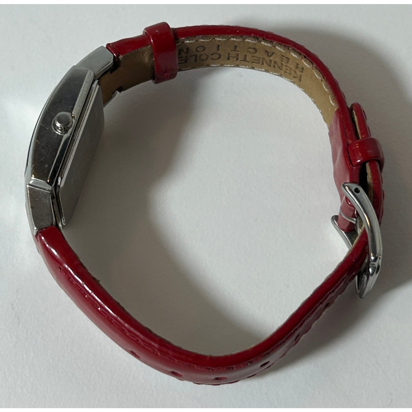 Kenneth Cole Reaction Women’s Red Leather Strap Square Watch – Silver Dial