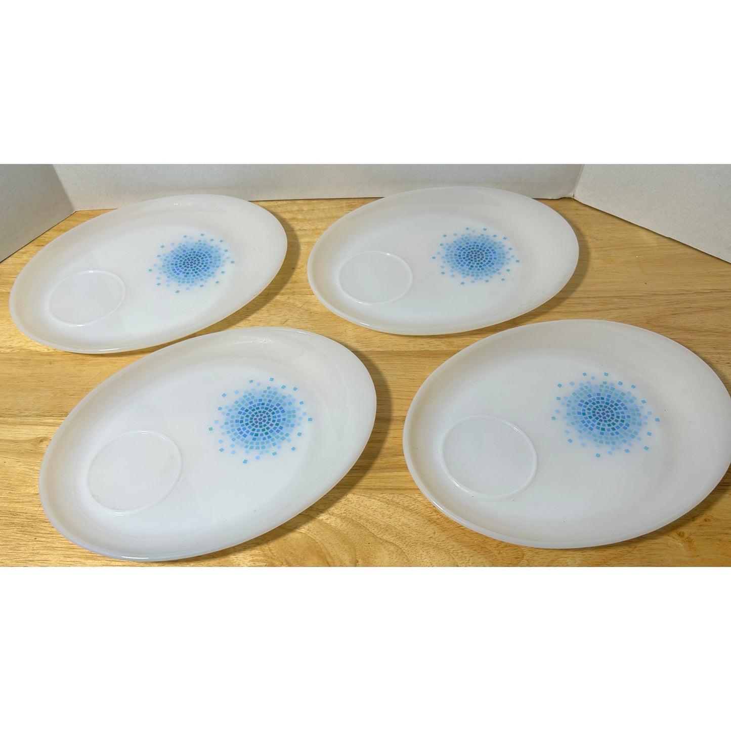 Fire King Milk Glass Blue Mosaic Snack Plates Set of 4 Anchor Hocking USA