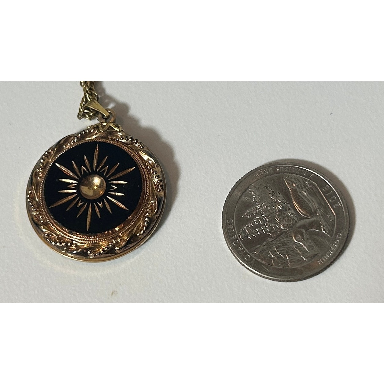 Vintage Black Enamel Starburst Pendant Necklace 24" Gold Tone Chain