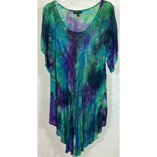 Greater Good Tie-Dye Asymmetrical Hem Top Free Size Plus Rayon Beaded Neck
