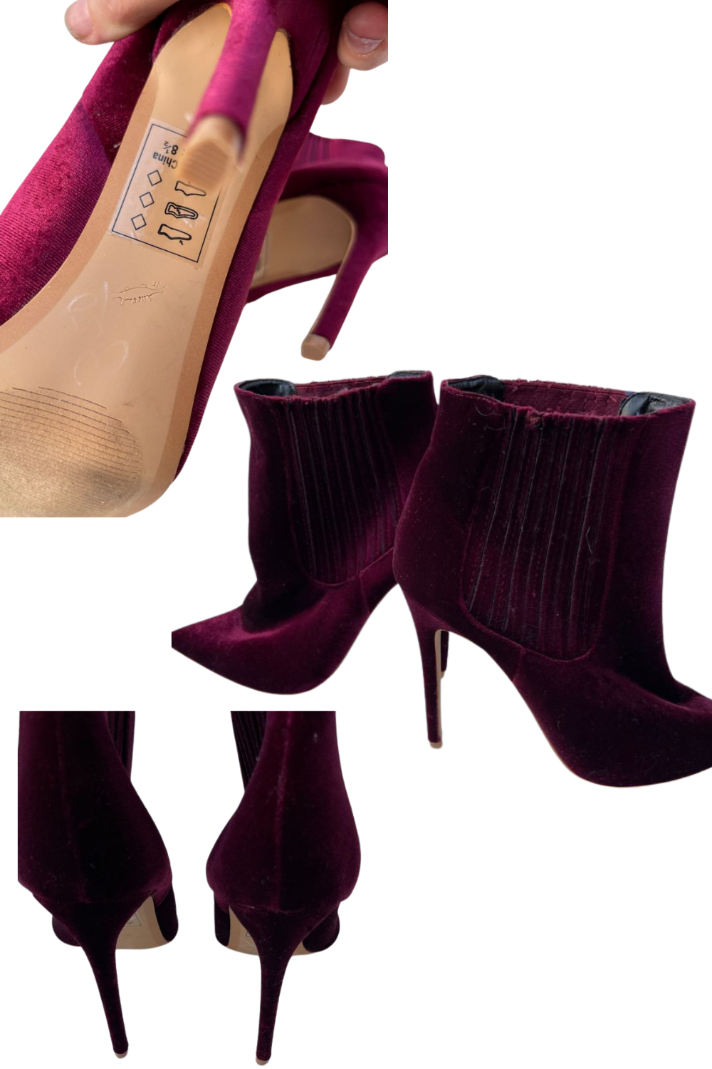 Size 8.5 Burgundy Velvet Stiletto Ankle Boots – Chic & Elegant