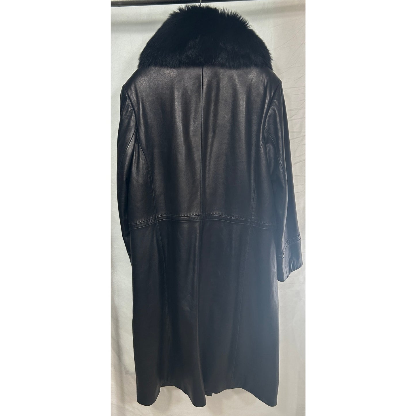 Preston & York Black Lambskin Leather Coat w/ Genuine Fox Fur Collar XL