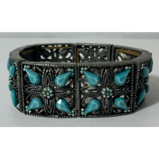 Vintage Boho Wide Cuff Bracelet w/ Faux Turquoise Floral Panels 7"