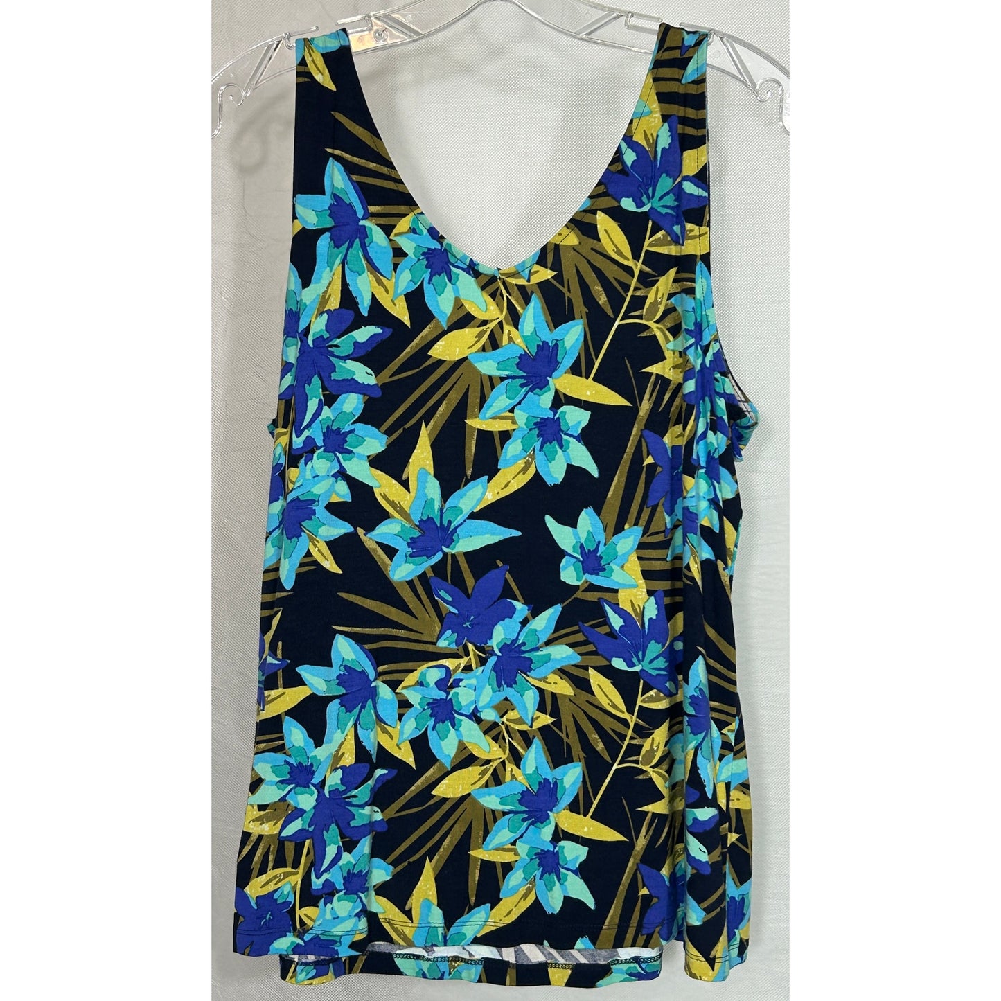 Merona XL Tropical Floral Tank Top Rayon Spandex Navy Blue Green Yellow