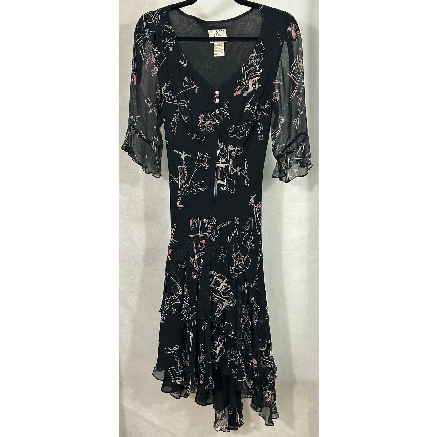Ice Brand 100% Silk Black Cafe Print Dress Size 10 Ruffle Hem V-Neck