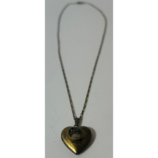 Vintage Heart Locket Necklace Ornate Brass Finish w/ Cameo Accent 26.25"