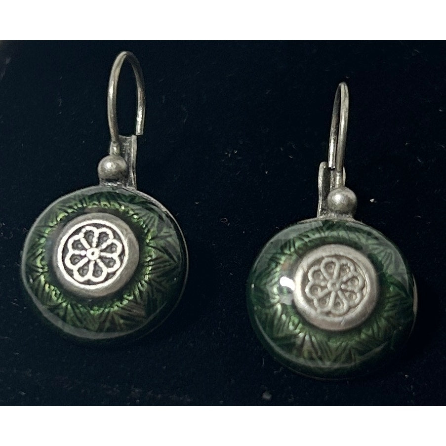 Green Enamel Floral Earrings by Laredo Silver Tone Drop Hook 1.25"