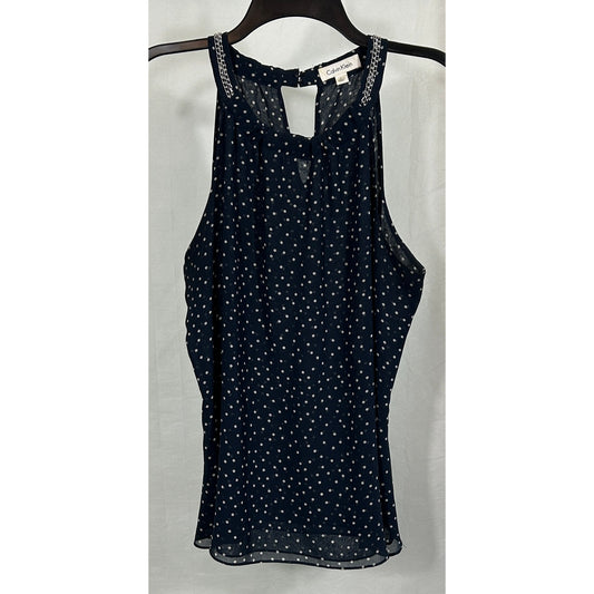 Calvin Klein Navy Polka Dot Chain Detail Sleeveless Blouse Size L