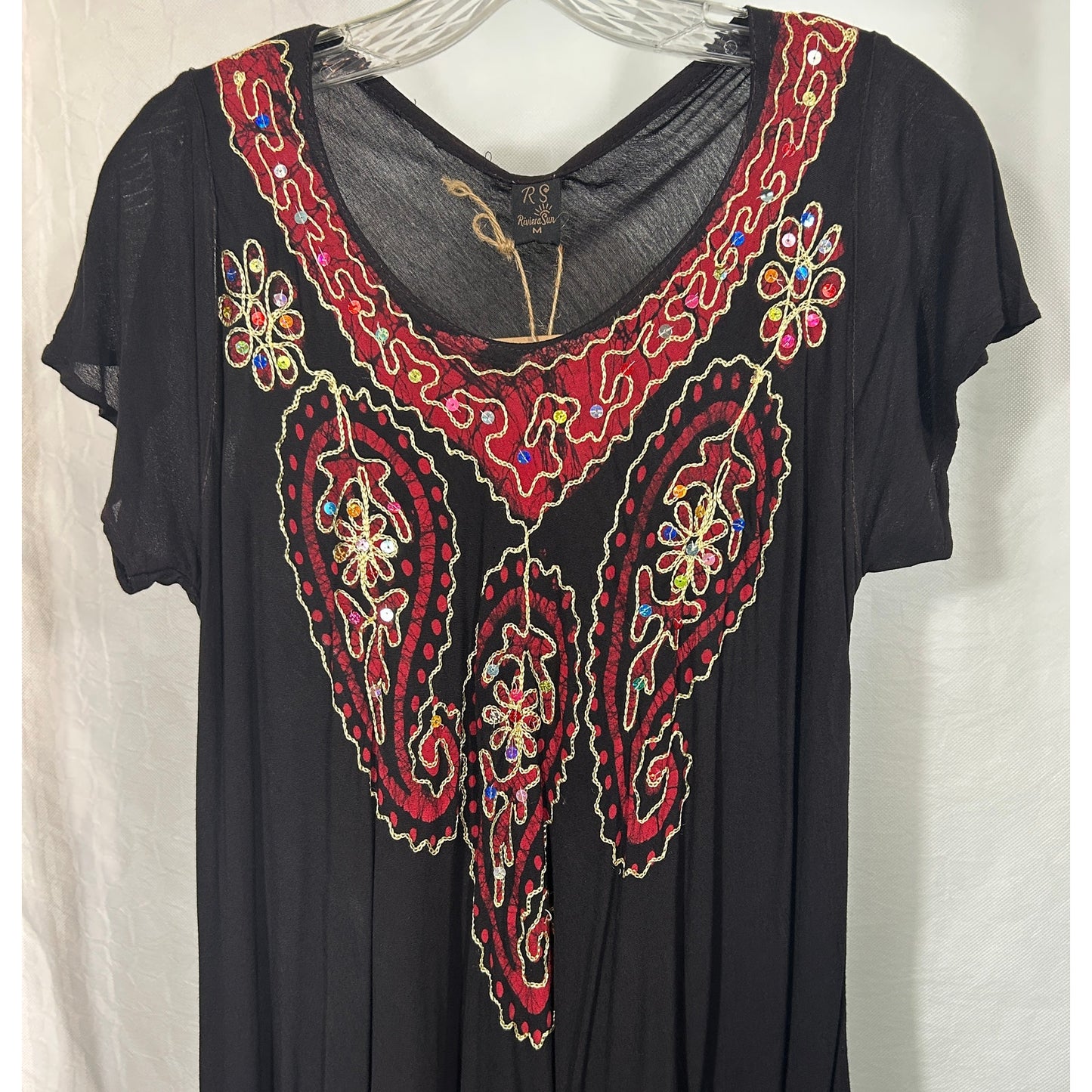 Riviera Sun Black Paisley Embroidered Dress Medium Boho Festival Tunic