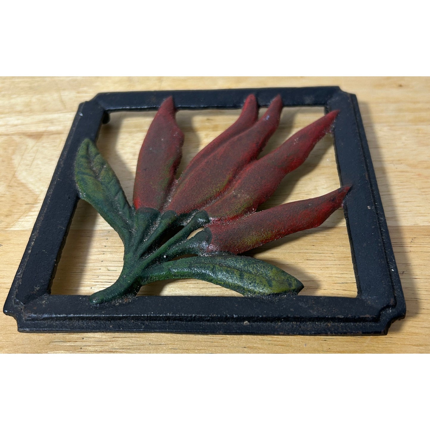 Vintage Cast Iron Chili Pepper Trivet – Red & Green Hand-Painted 5.75” Square
