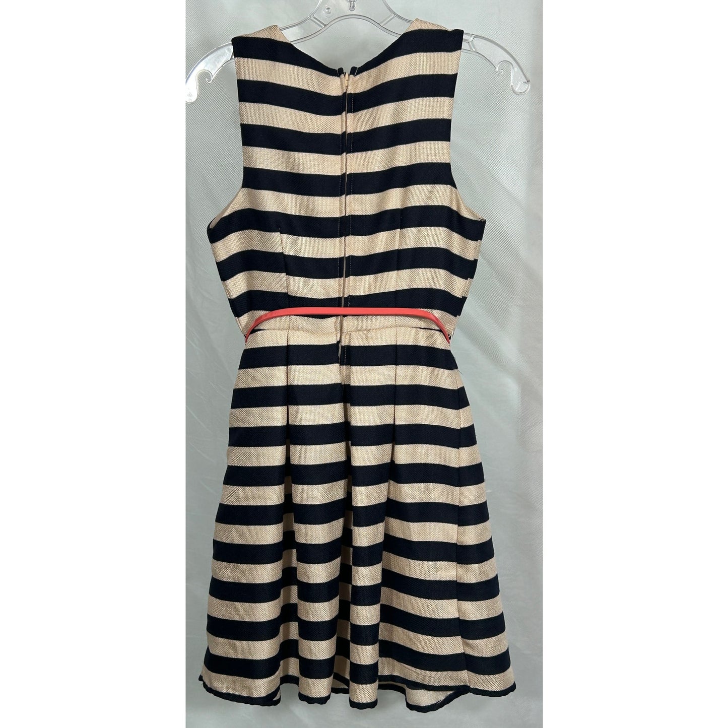 City Studio Navy & Cream Striped Fit & Flare Dress with Coral Belt - Size 3