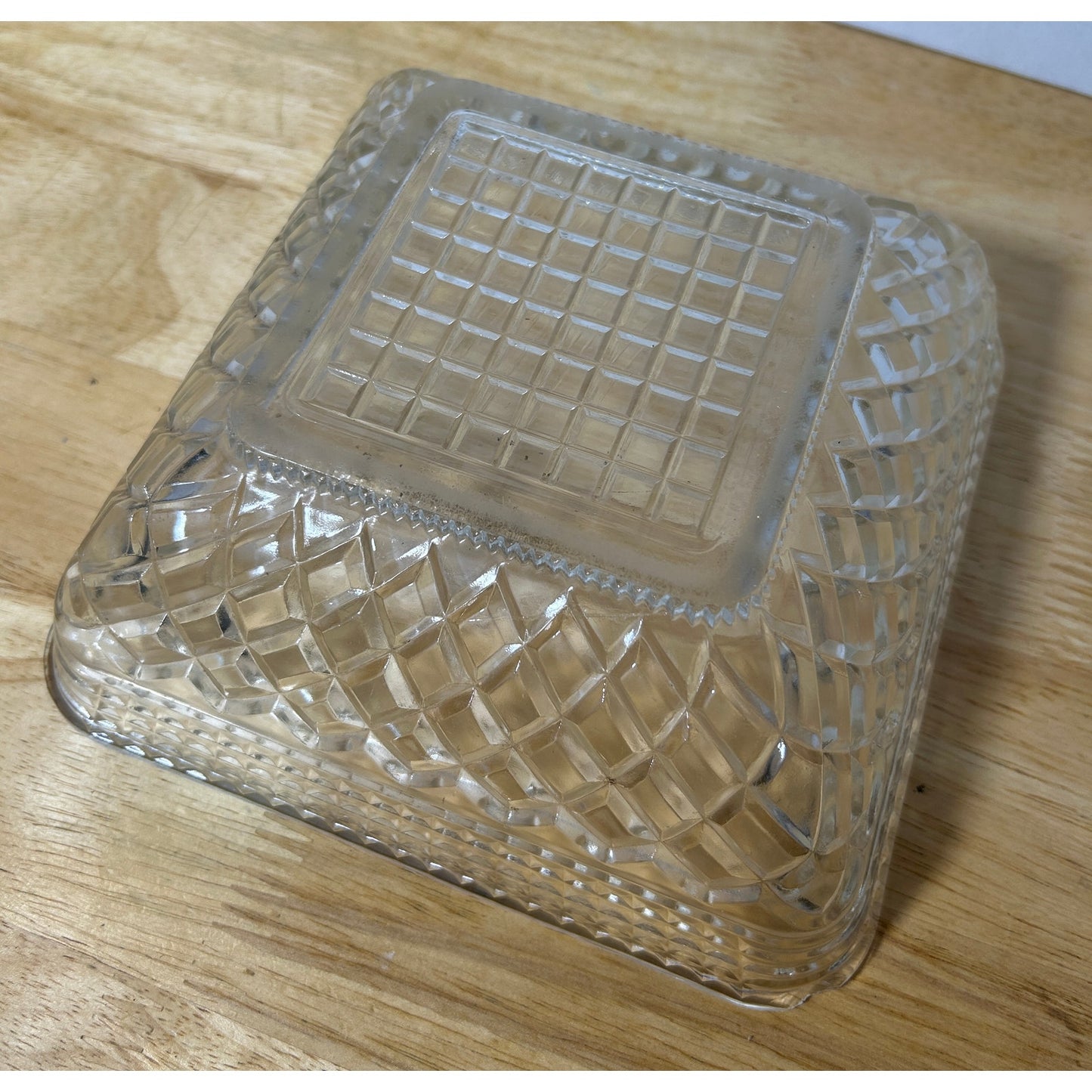 Vintage Square Pressed Glass Bowl 7¾″ Diamond Grid Pattern – Clear Trinket Dish