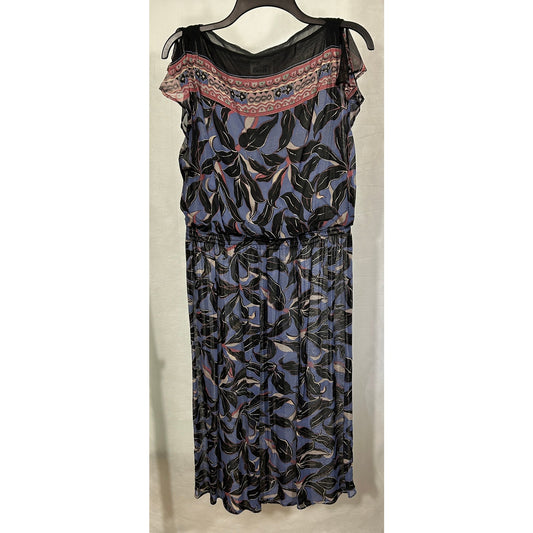 Sue Brett Vintage Sheer Midi Dress Black Leaf Print Boho Flutter Sleeve M