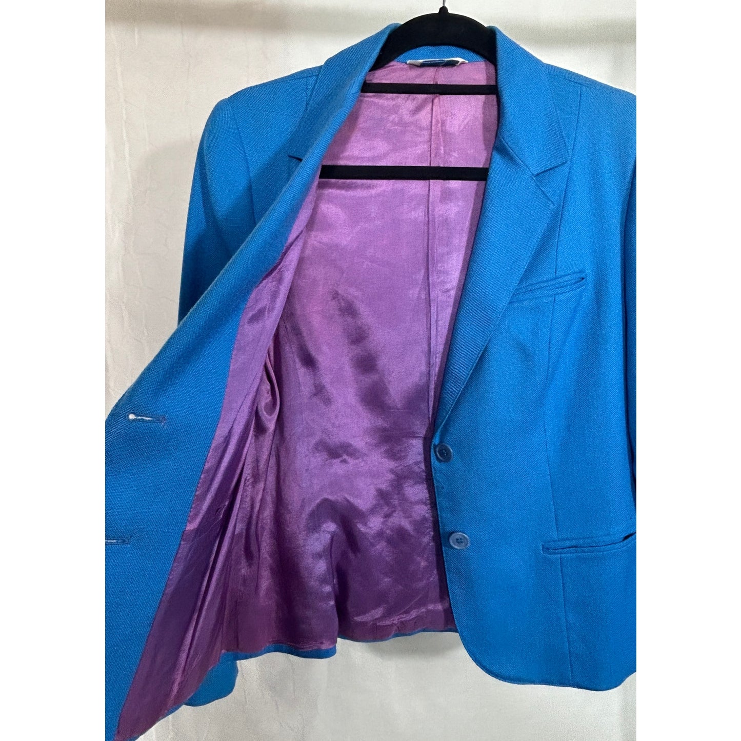 Vintage Blue Blazer With Purple Satin Lining Women’s Jacket Size Small