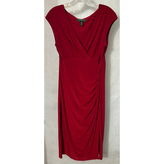 Lauren Ralph Lauren Red Draped Jersey Dress Size 12 Sleeveless Midi Ruched