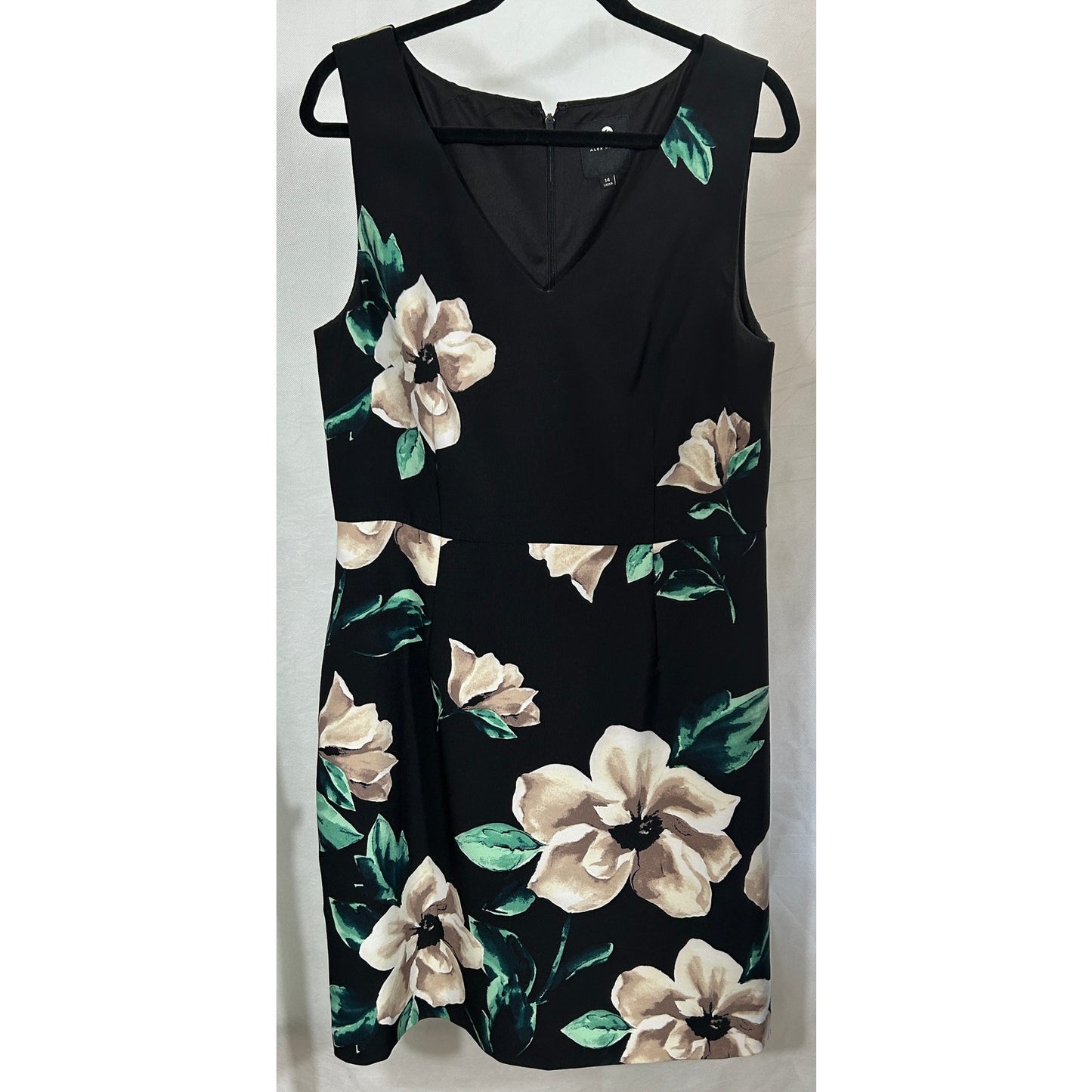 Alex Marie Black Floral Sheath Dress Size 14 Sleeveless V-Neck Knee Length