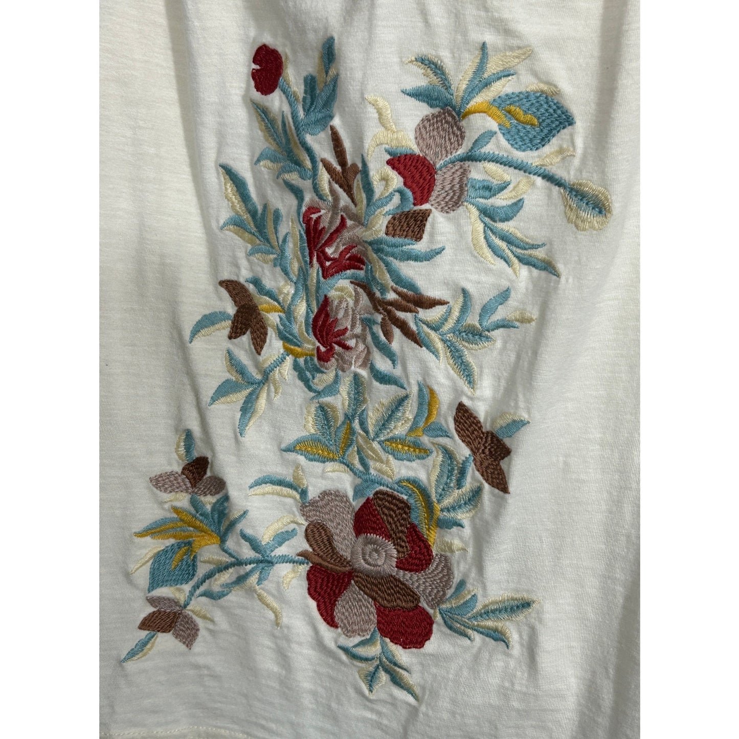 Solitaire Boho Embroidered Floral Blouse Cream Top Size S Peasant Style