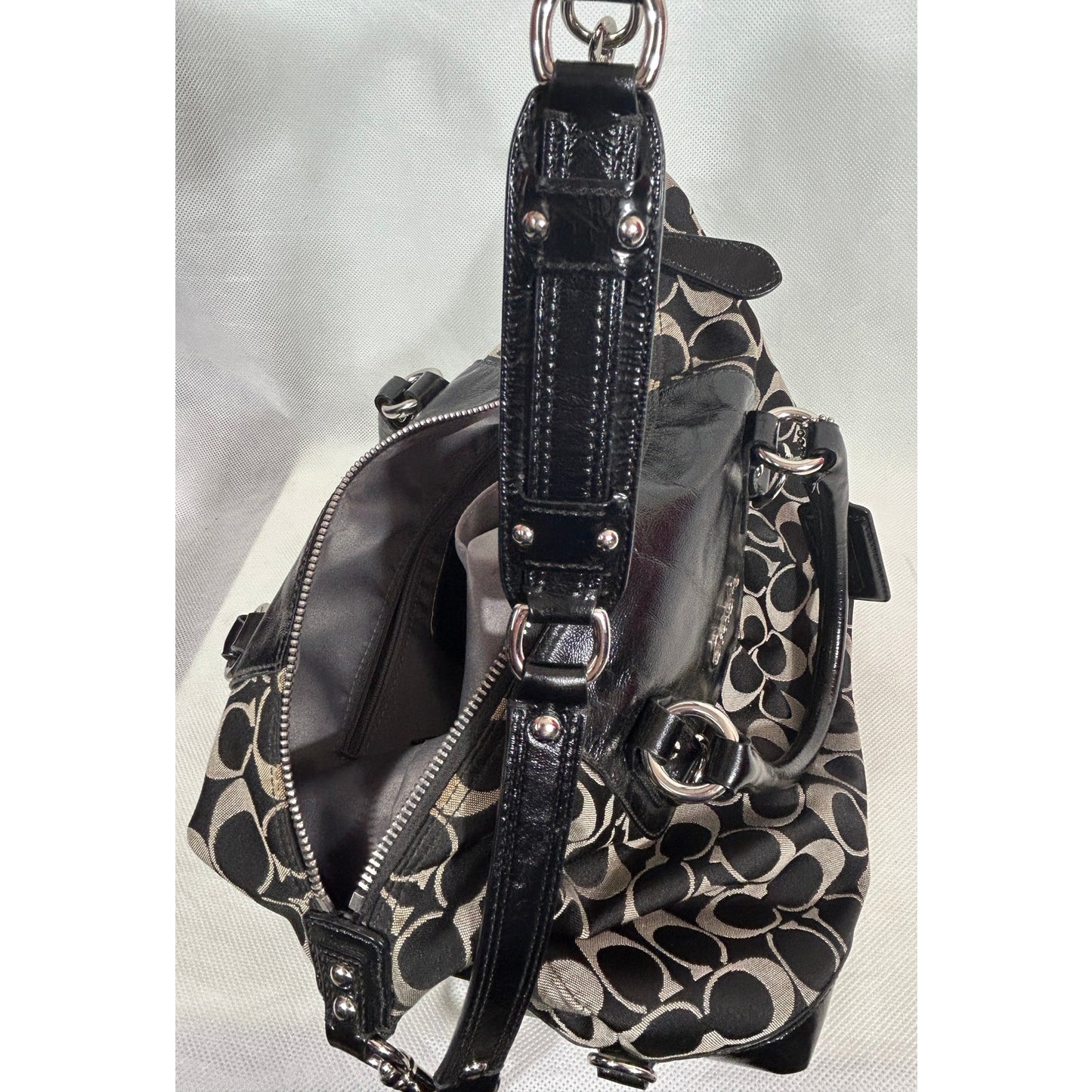 Coach Signature Canvas & Leather Satchel Bag Black Silver Hardware 15″ x 8″