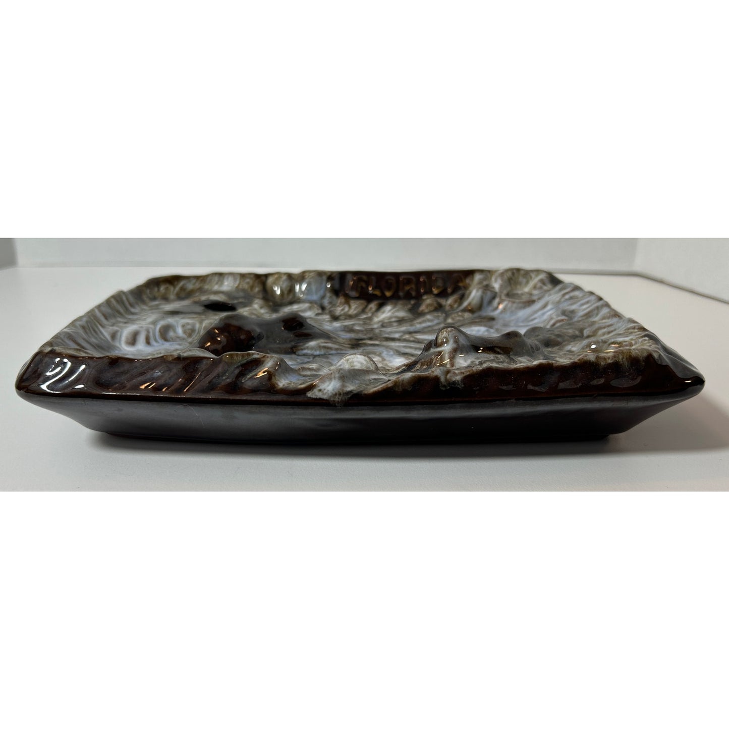 Vintage Florida Souvenir Pottery Ashtray with Alligator & Fish Design
