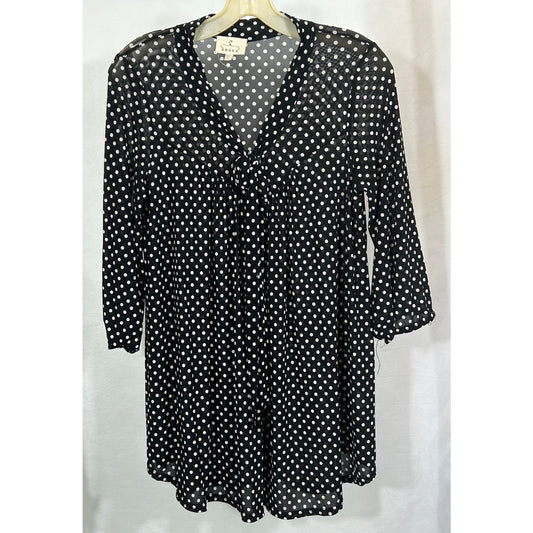 Ember Black Sheer Polka Dot Tunic Top with Tie Front – Size M