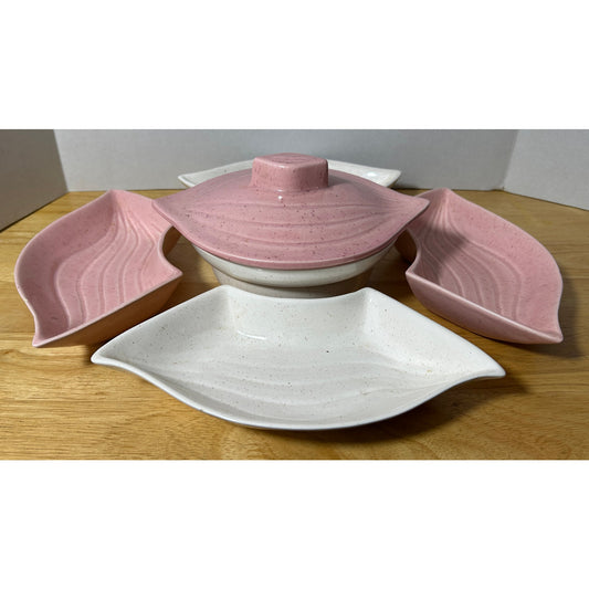 Vintage California Pottery Lazy Susan Set Pink & Cream Ceramic USA Made