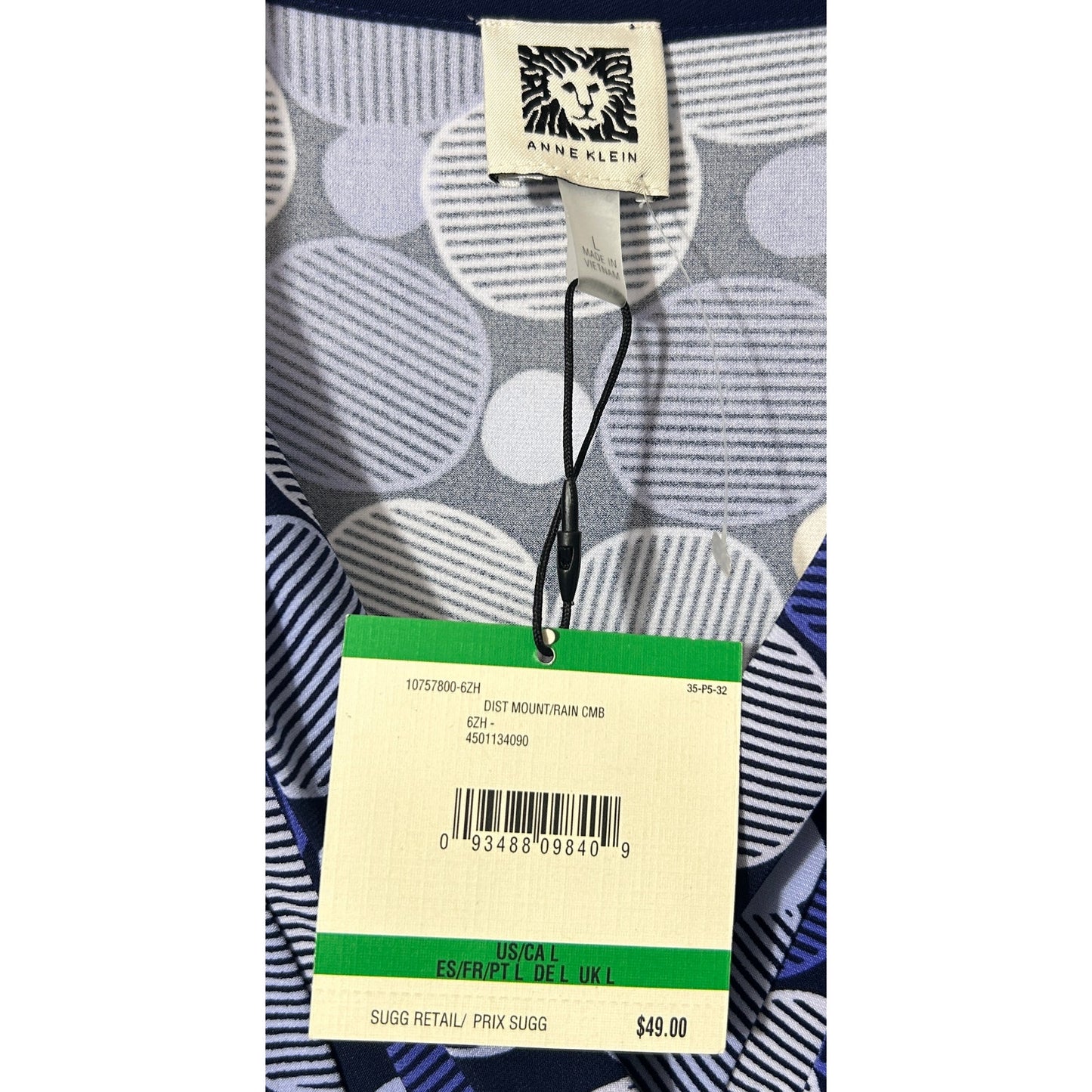 Anne Klein Polka Dot Cowl Neck Sleeveless Top Size L Blue White NWT