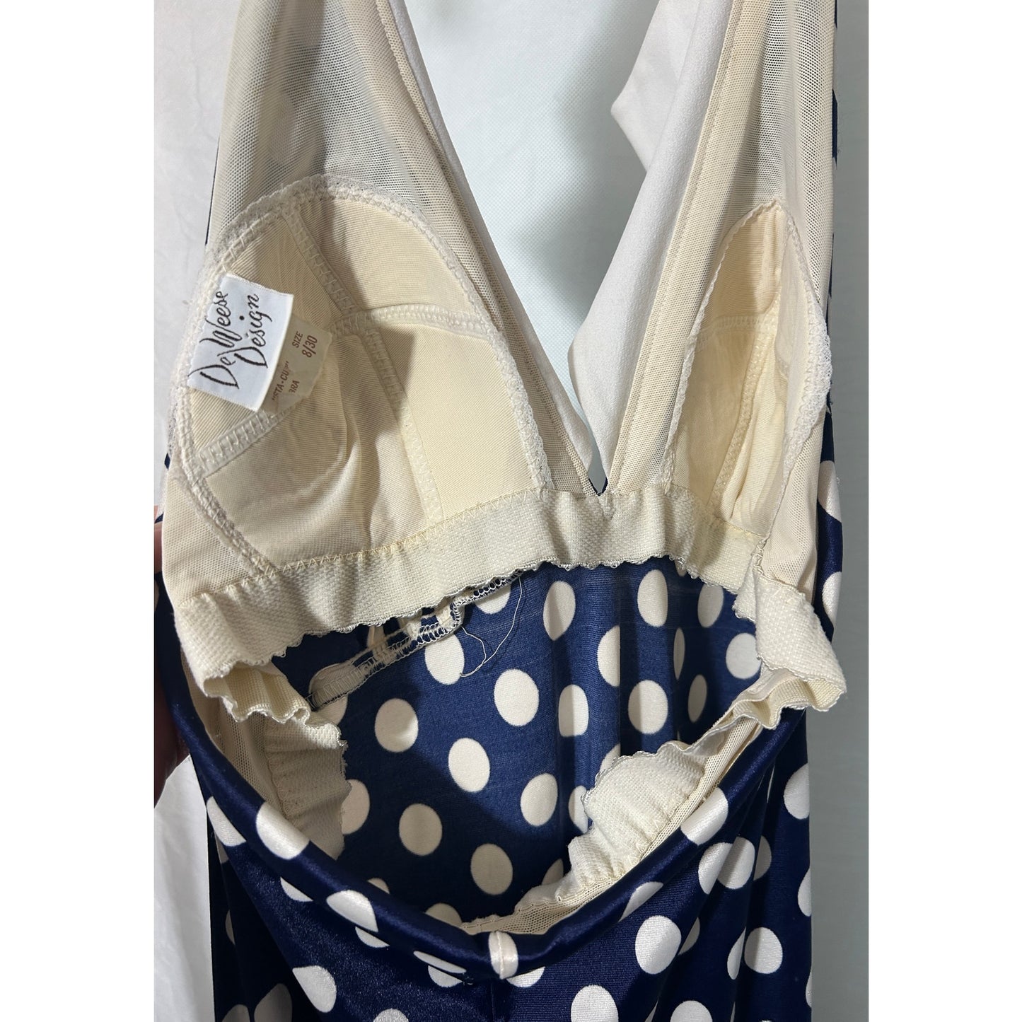 Vintage DeWeese Design Navy Polka Dot Halter Maxi Dress with Collar Size 8/30