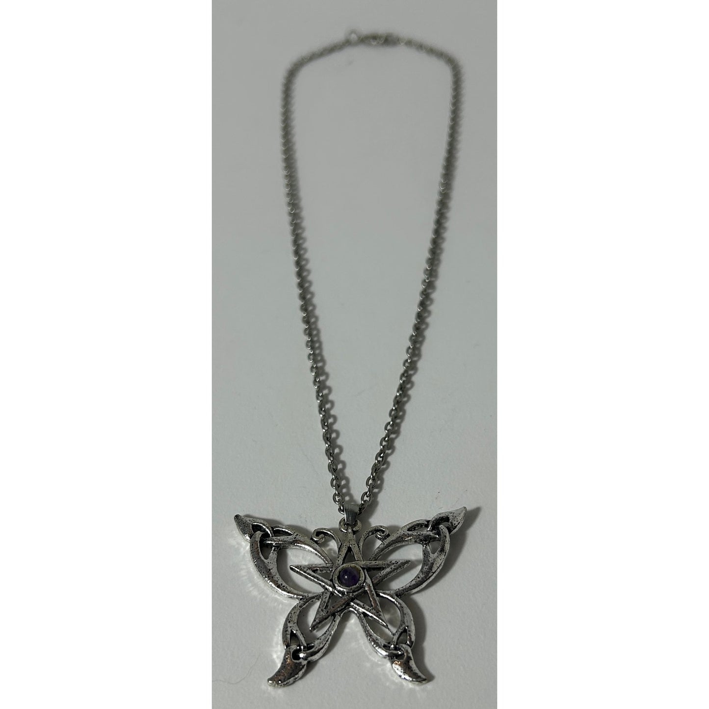 Silver Butterfly Pentacle Necklace with Purple Cabochon, 18"